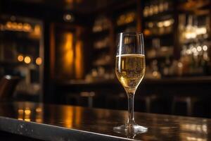 A glass of the champagne or white wine is placed on the counter with background of luxury bar place. photo