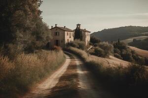 Serene countryside village surrounded by fields and nature. photo