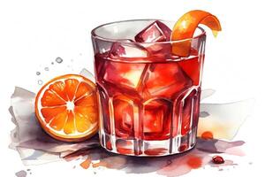 Negroni cocktail watercolor hand drawn illustration drink clipart on white background. photo