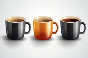 conjunto de negro tazas en blanco antecedentes realista café tazas con encargarse de colección de tazas con diferente color dentro té café y caliente bebida jpg ilustración. ai generado foto