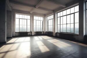 Empty room corner view with large windows. photo