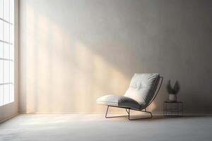 Modern minimalist interior with an armchair on empty white color wall background. photo