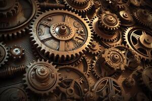 Steam punk metal background with gears and cogs 3d illustration. photo