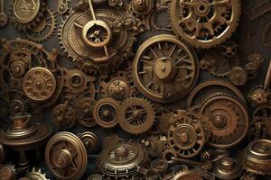 Steampunk gears and levers background ai. photo