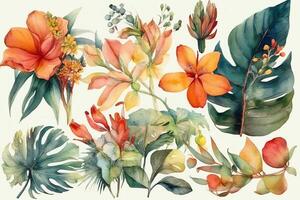 Illustration of tropical plants and flowers in watercolor technology. photo