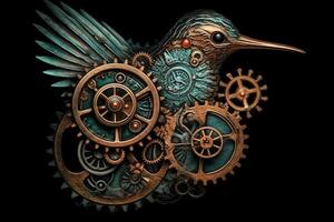 Steampunk hummingbird with clockwork gears metal and patina rust black background texture centered design. photo