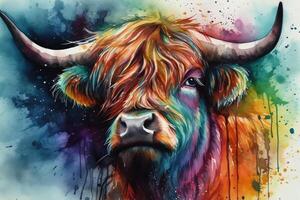 A rainbow highland cow watercolor. photo