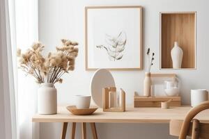 Minimalist living room with flower vase ceramic pot cup camera mockup and empty wooden picture frame on white wooden wall. photo