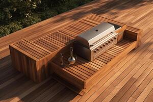 3D render of teak wooden deck with outdoor grill. photo