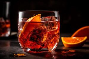 Negroni cocktail with orange peel and ice closeup. photo