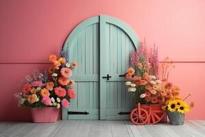 suave frente ángulo pared aislado rosado granero puerta sandía arco marco con muchos vistoso flores florero flores vistoso césped. ai generado foto
