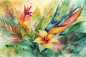 Tropical flowers and leaves in a watercolor painting style. photo