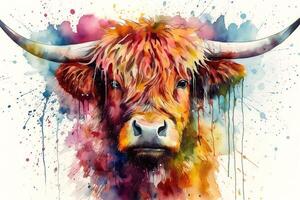 A rainbow highland cow watercolor. photo