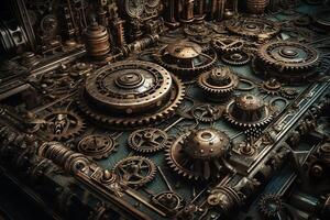 Steam punk metal background with gears and cogs 3d illustration. photo