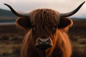 Portrait of a brown scottish highland cattle cow with long horns in nature. AI Generated photo