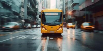 autobús conducción en el la carretera con paisaje urbano movimiento difuminar antecedentes. de viaje y transporte. generativo ai foto