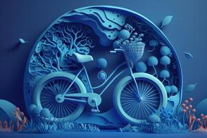 mundo bicicleta día en azul fondo, eco simpático bicicleta concepto. generativo ai foto