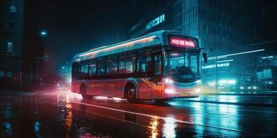 Bus driving on the road at night with glowing neon lights motion blur background. photo