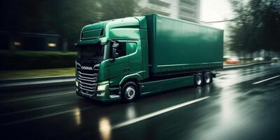 Truck with cargo driving on the road motion blur background. photo