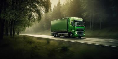 Truck with cargo driving on the road motion blur background. photo