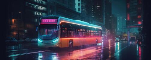 Bus driving on the road at night with glowing neon lights motion blur background. photo