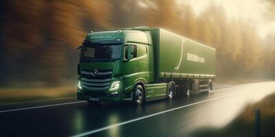 Truck with cargo driving on the road motion blur background. photo