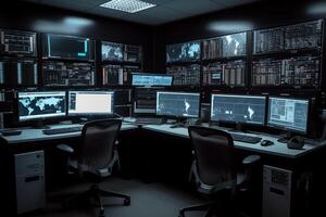 Modern control room multiple personal computer monitors showing coding language program with system monitoring interface. AI Generated photo