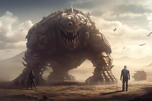 apocalipsis guerrero frente a un gigante mecánico bestia en Desierto digital pintura estilo. ai generado foto