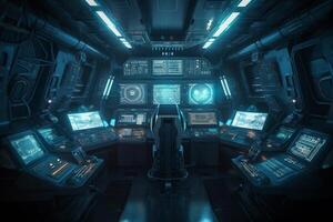 Futuristic view from spaceship cockpit control board 3d illustration science fiction background intense color. photo