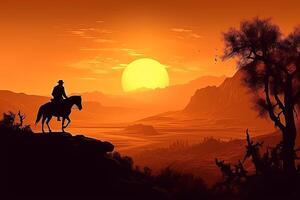 salvaje Oeste póster vaquero montando dentro el puesta de sol con su caballo salvaje Oeste paisaje. ai generado foto