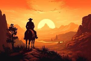 salvaje Oeste póster vaquero montando dentro el puesta de sol con su caballo salvaje Oeste paisaje. ai generado foto