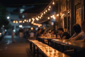 bokeh antecedentes de calle bar cerveza restaurante al aire libre en Asia personas sentar frío fuera y colgar fuera cena y escucha a música juntos en avenida contento vida trabajo difícil jugar duro. ai generado foto