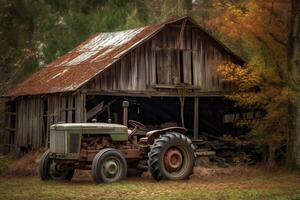 antiguo granero y tractor. ai generado foto