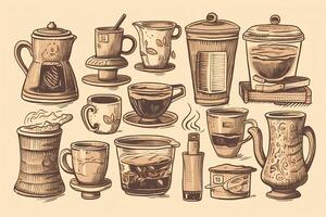 Coffee set illustrations of various coffees and coffee mugs cardboard cups coffee with cream mugs and coffee jug. photo