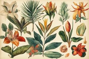 Illustration of tropical plants and flowers in watercolor technology. photo