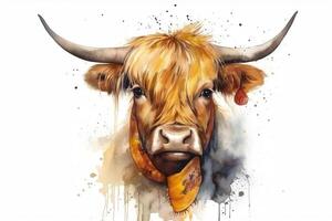 Watercolor highland cow with yellow bandana painting realistic wild animal portrait illustration technology. photo