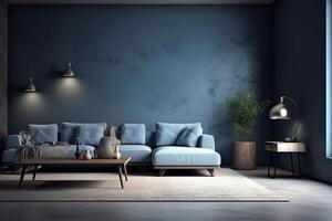 Modern cozy living room and blue wall texture background interior design 3d rendering. photo
