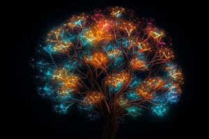 Energetic thinking glowing brain network in the m of a tree the concept of consciousness artificial intelligence. photo