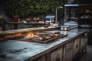 Outdoor kitchen with beautiful cooking grill with burning fire. photo