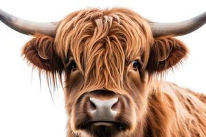 Headshot of a highland cow on a white background. photo