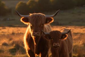 Highland cow and calf in field. photo