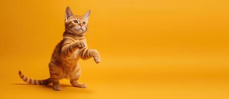 Cute cat isolated on yellow background. photo