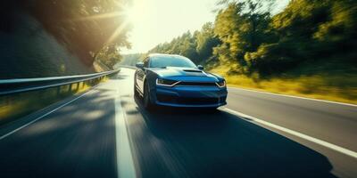 Electric Car driving on the road with green nature and blue sky motion blur background. photo