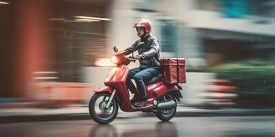 Delivery man ride scooter motorcycle with motion blur cityscape background. photo