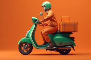 Delivery man ride scooter motorcycle for online delivery service on orange background. photo