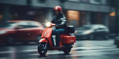 Delivery man ride scooter motorcycle with motion blur cityscape background. photo