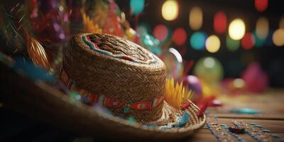 Straw hat festa junina background, Brazilian party and Latin american festival. photo