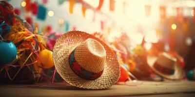 Straw hat festa junina background, Brazilian party and Latin american festival. photo