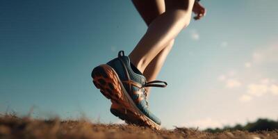 Close up Athlete runner feet running on the road. Running for healthy life background. photo