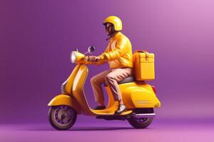 Delivery man ride scooter motorcycle for online delivery service on purple background. photo